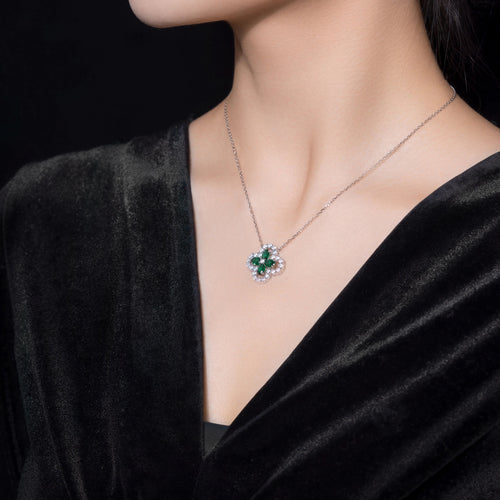 lady  wearing Emerald clover necklace in silver