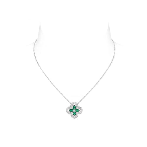 Front view of Emerald green clover necklace with halo in silver