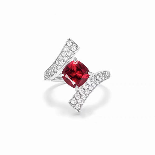 front view of Red zircon silver engagement ring with moissanites