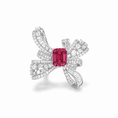 Engagement Ring With Red Zircon In Butterfly Design Ribbon Ring Front VIew