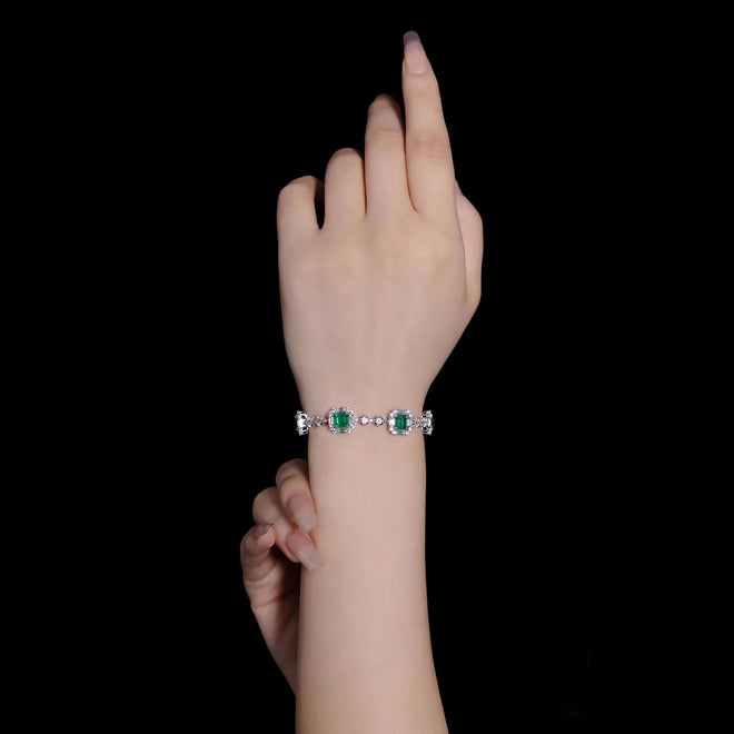 lady wearing Silver emerald bracelet with zircons