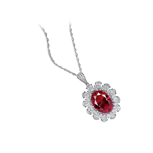 side view of Red oval zircon halo necklace in silver