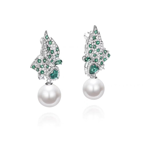 Pearl earrings with fancy green zircons