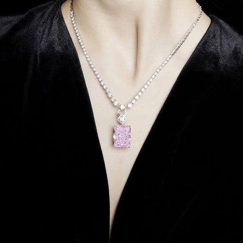 lady wearing Emerald Cut Pink Zircon Necklace