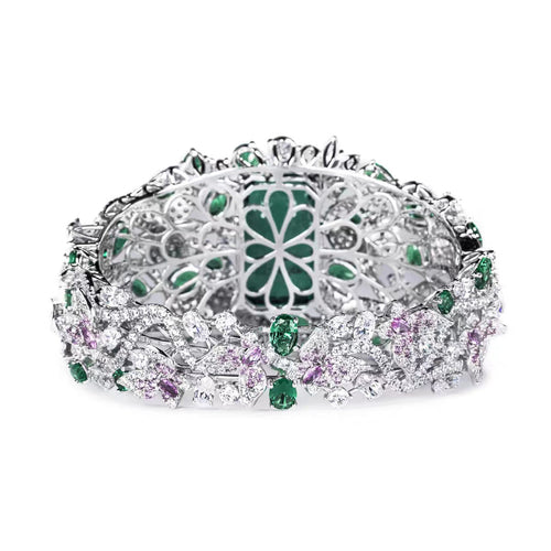 back view of Fancy emerald bangle with moissanites in silver 