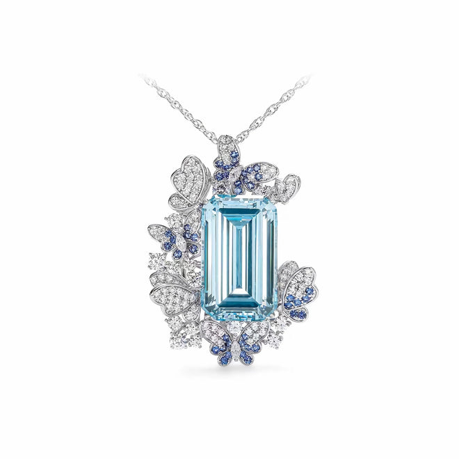 front view of Aquamarine silver necklace with moissanites