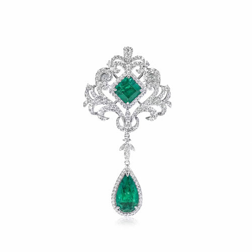 Emerald brooch with moissanite in silver