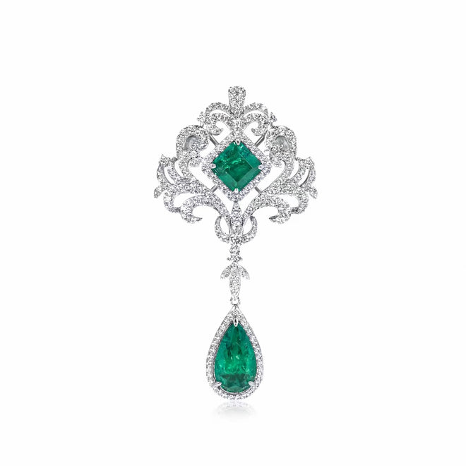 Emerald brooch with moissanite in silver