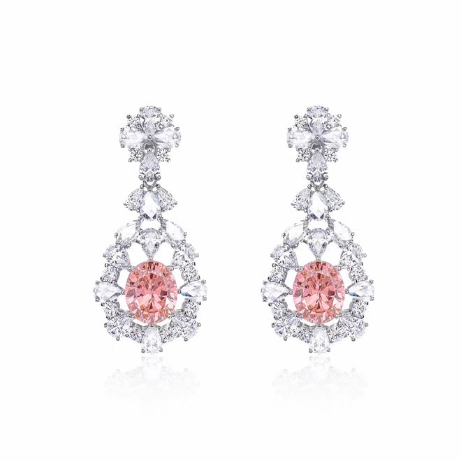 Oval pink zircon drop earrings in silver 