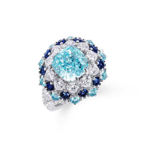 side view of Blue zircon fancy silver statement ring  