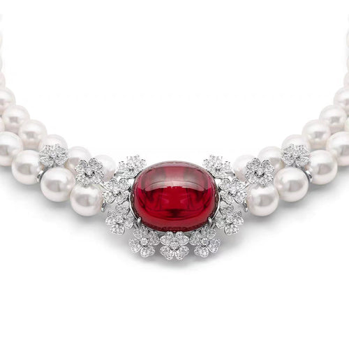 Red cabuchon zirconia necklace with pearl