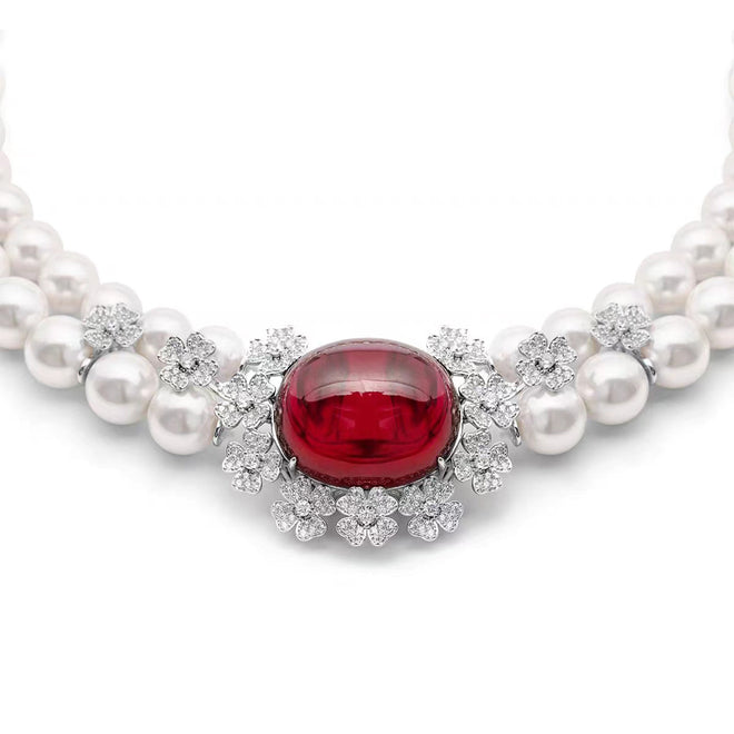 Red cabuchon zirconia necklace with pearl