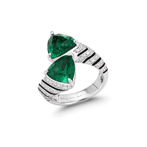 side view of Two-stone trillion emerald statement ring