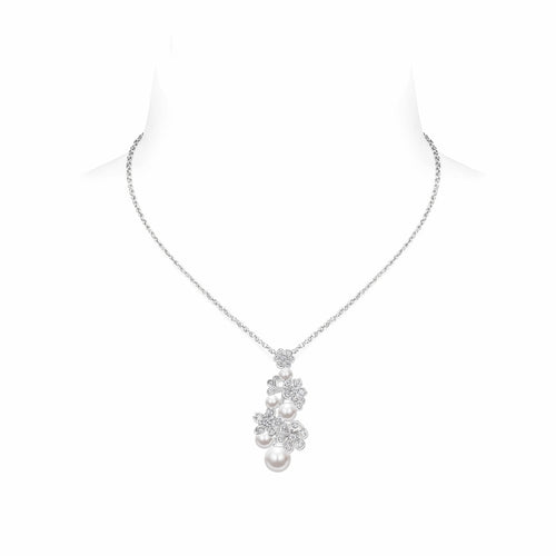 top view of Floral design silver pearl necklace with moissanites