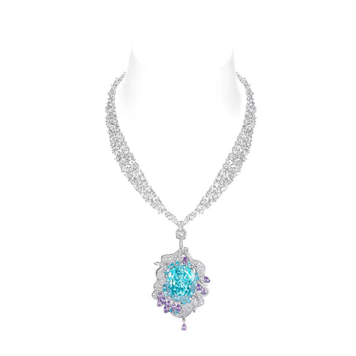 Oval blue necklace with purple and white pavé