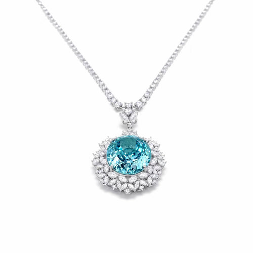 front view of Blue cubic zirconia halo necklace in silver