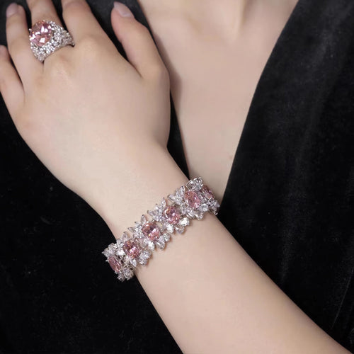 lady wearing Oval pink zirconia fancy silver bracelet