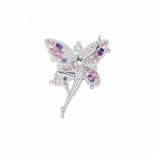 front view of Ballerina silver brooch with mutlcolor zircons