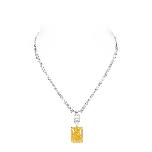 top view of Yellow radiant zirconia necklace in silver