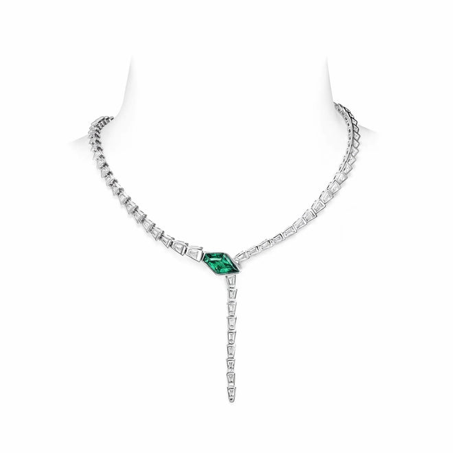 Snake necklace with created emerald and moissanites