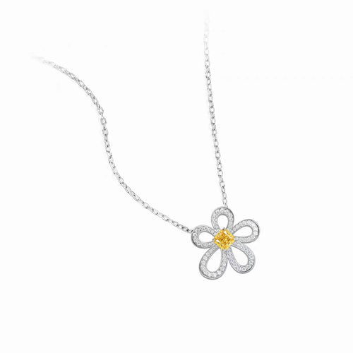 side view of Yelow zirconia floral silver necklace