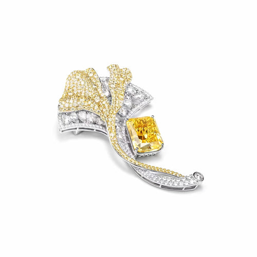 Radiant yellow zircon fancy brooch in silver