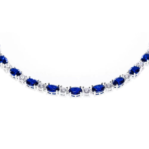 front view of Blue cubic zirconia alternating necklace in silver