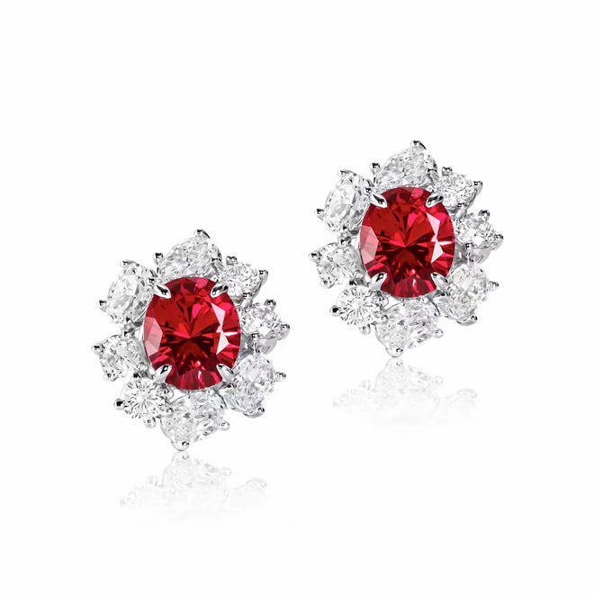 Red oval zircon silver earrings with halo