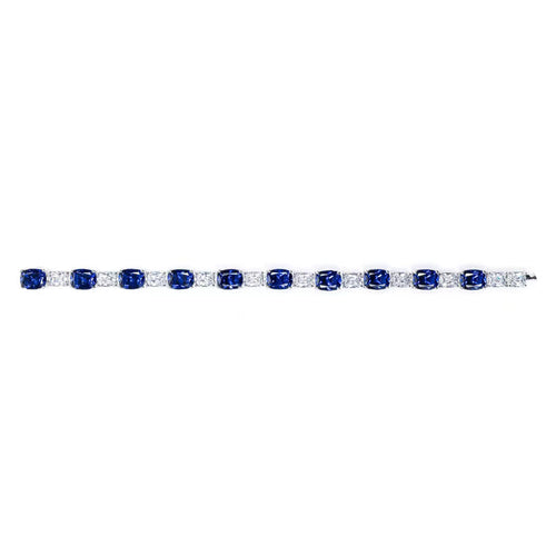 top view of Alternating blue and white zircon silver bracelet