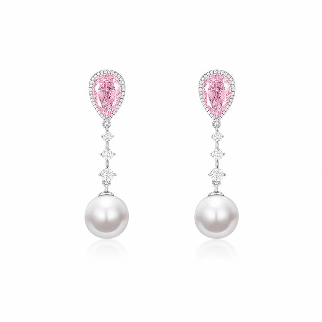 Pearl drop earrings with pink zircons