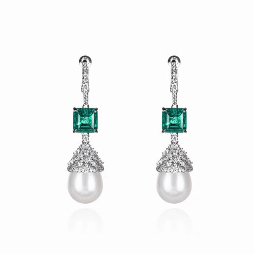 Pearl drop earrings with square green zircons