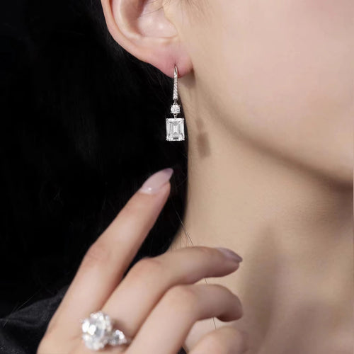 Emerald cut white zircon drop earrings