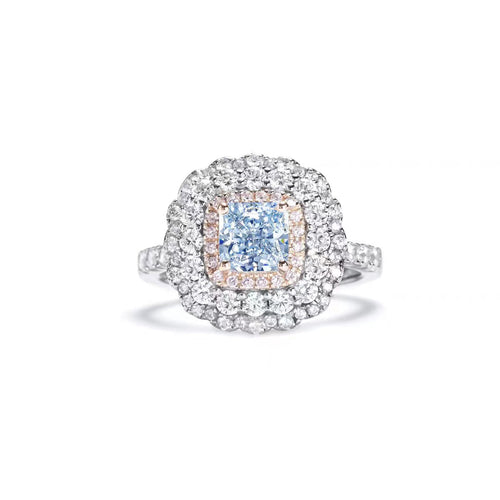 front view of Blue zircon statement ring with halo