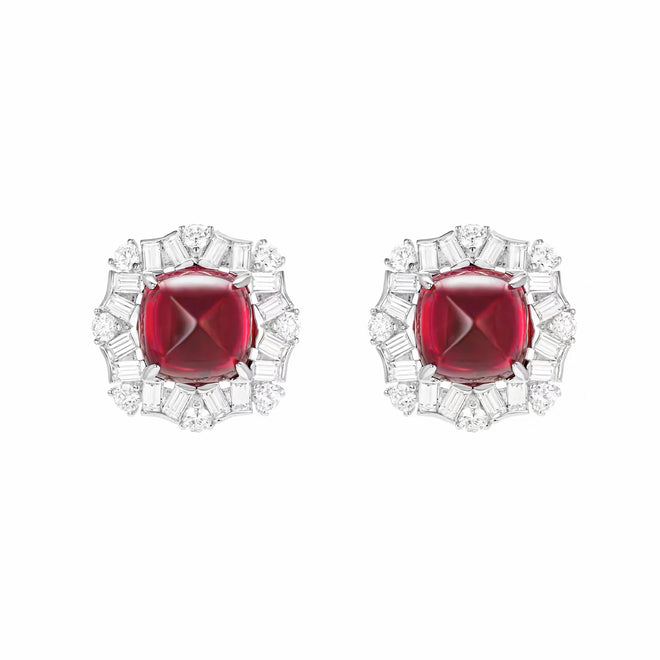 Cabuchon red zircon silver halo earrings