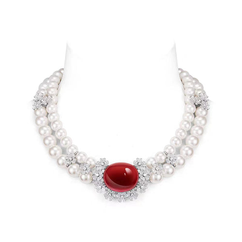 top view of Red cabuchon zirconia necklace with pearl