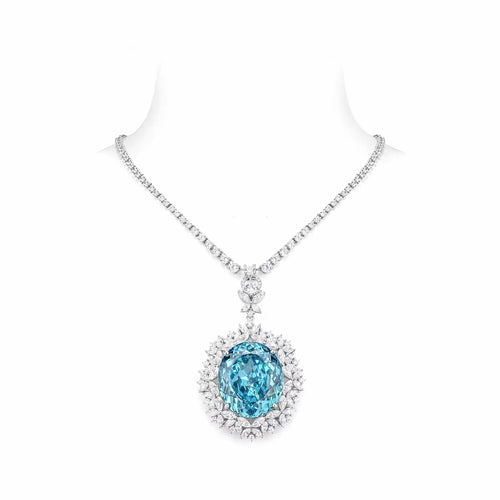 Blue cubic zirconia halo necklace in silver