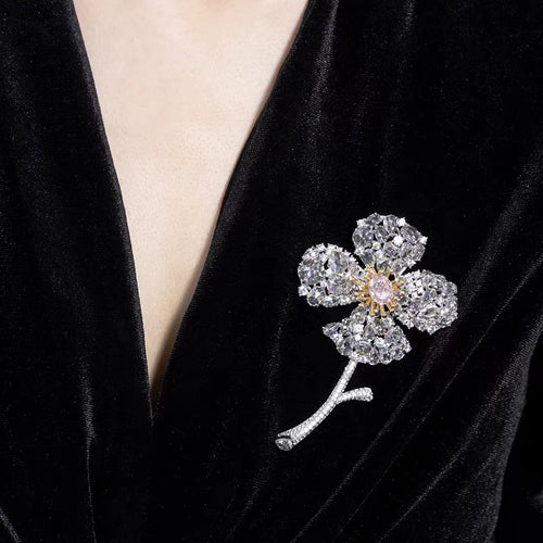 lady wearing Pink zircon silver brooch 