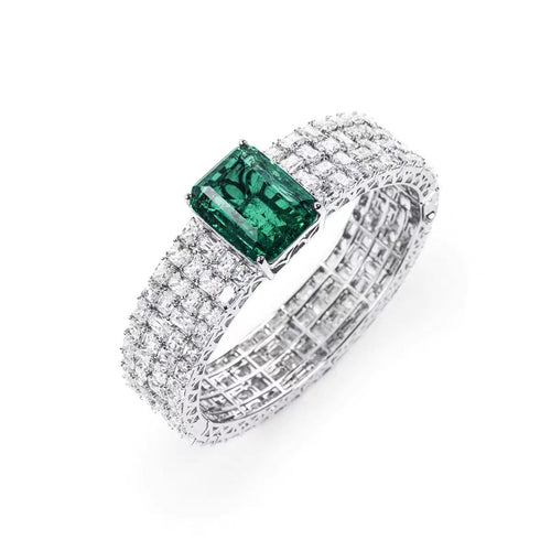 side view of Created emerald bracelet with moissanites in silver 