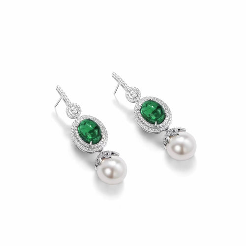 Pearl drop earrings with green cabuchon zircons