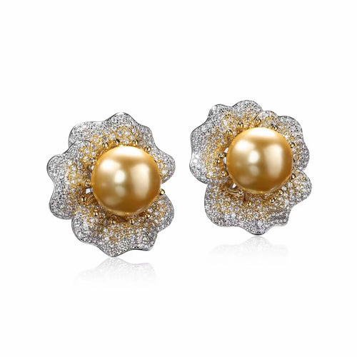 side view of Golden pearl floral stud earrings