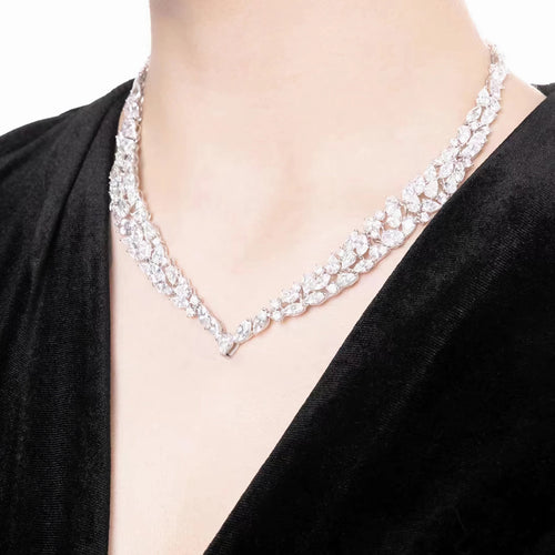 lady wearing Multi-shape white zirconia silver necklace  