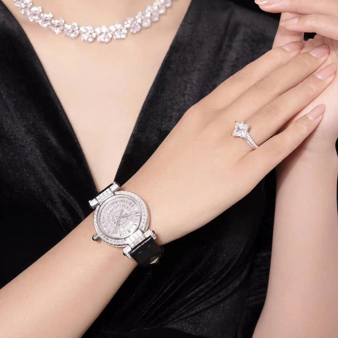 lady wearing Wrist watch bracelet with zirconia in silver and leather band