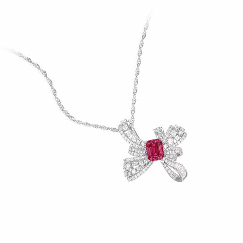 side view of Emerald Cut Red Zircon Butterfly Necklace