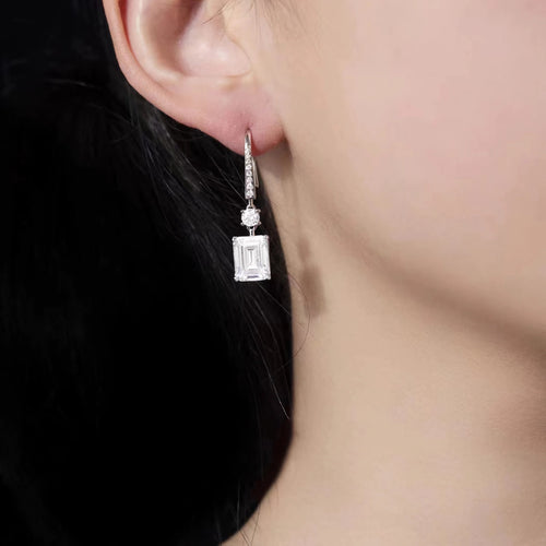 Emerald cut white zircon drop earrings