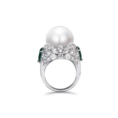 profile view of Engagement ring with pearl and cubic zirconia