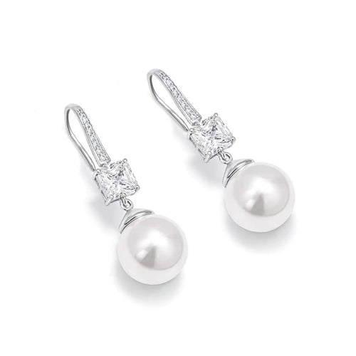 side view of Pearl drop earrings with princess cut zirconia