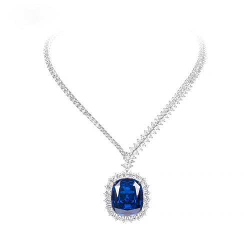 top view of Blue zircon necklace with halo in silver