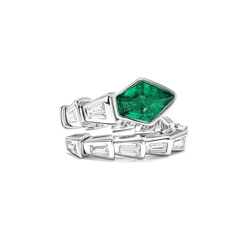 Snake engagement ring with created emerald In silver