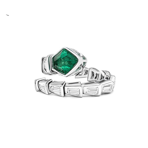 front view of Snake engagement ring with created emerald In silver