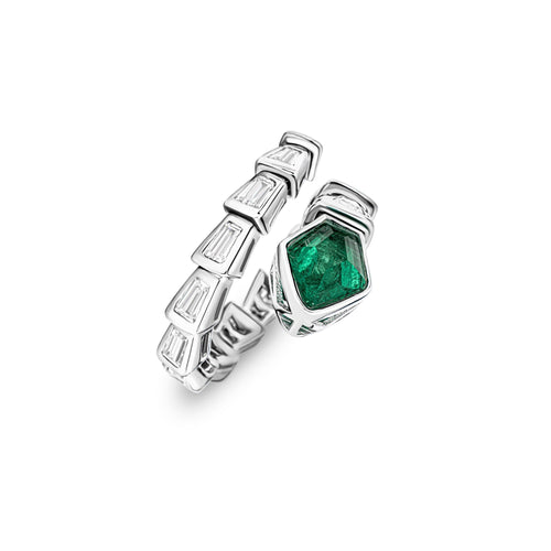 side view of Snake engagement ring with created emerald In silver